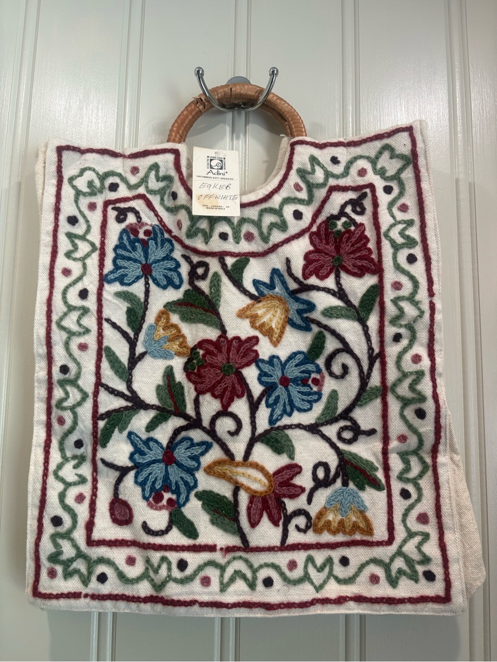 Cream Embroidered Floral Tote with Multicolor Blooms